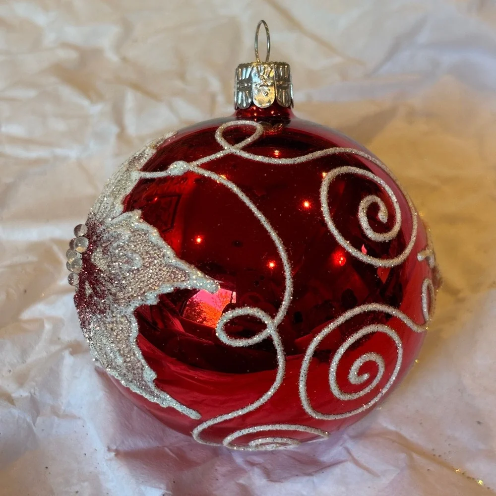 The Golden Bell Collection Glass Red White Poinsettia Ornament Hand Painted